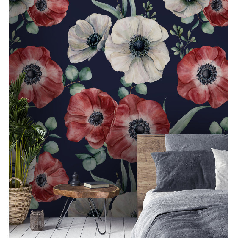 Papier peint à motif floral coquelicot, L 35,04 po x l 55 po