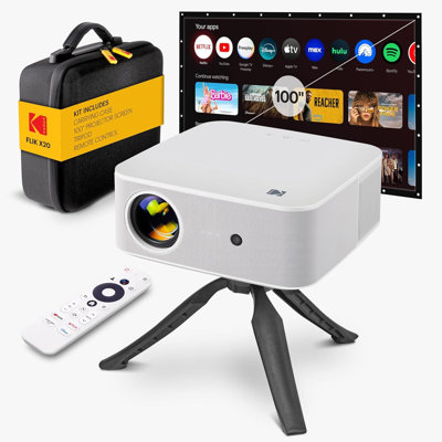 Ensemble de projecteur intelligent Kodak FLik X20 Full HD avec écran de 100 po, trépied, télécommande, Wi-Fi, boîtier en EVA (blanc)