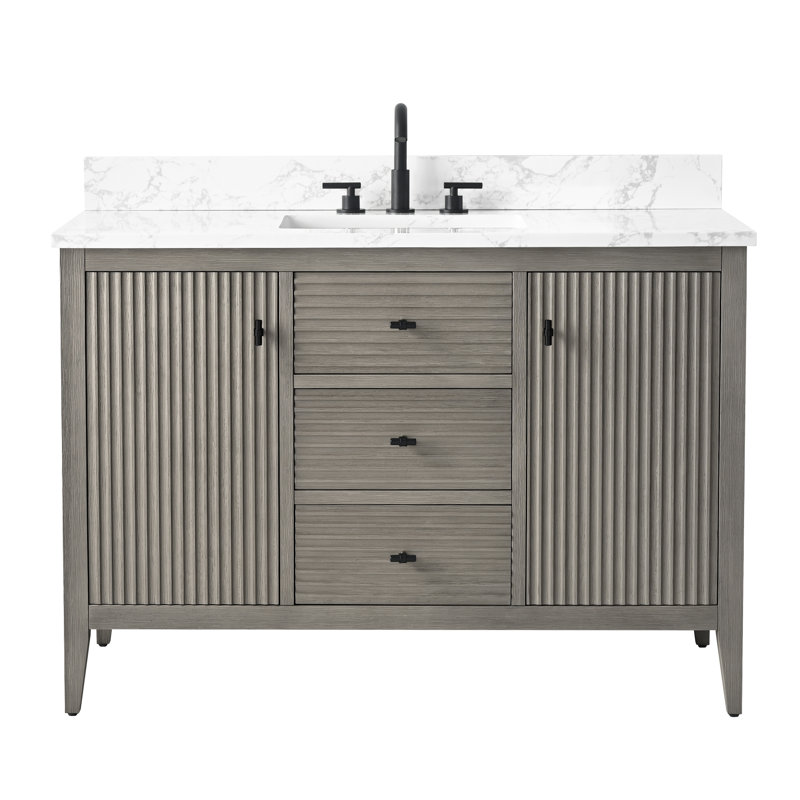 Ensemble de meuble-lavabo autoportant à simple cuve 48 po avec plateau en marbre Lavallon, Gris flottant linéaire, Noir mat