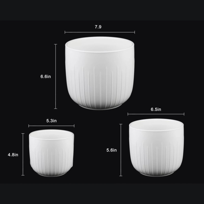 Ensemble de 3 pots à fleurs en grès blanc avec texture rainurée verticale