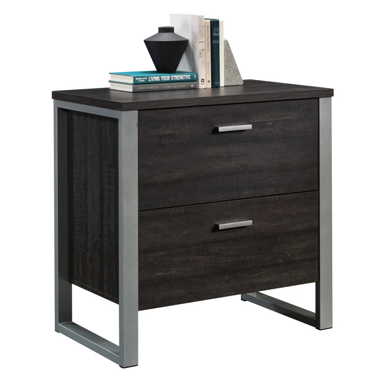 Classeur latéral contemporain 2 en brun foncé, coulisses pleine extension, cadre argenté, brun à installation rapide avec design élégant, toute la finition, serrure, convient au support d'imprimante