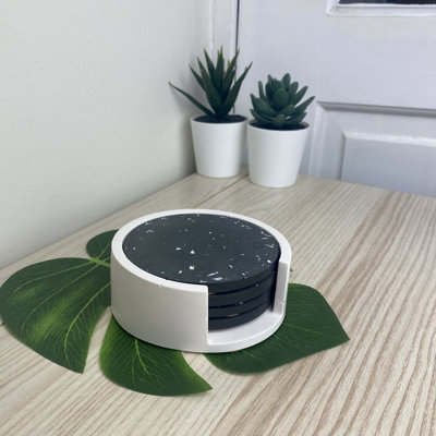 Black Terrazzo Coaster Set with Holder