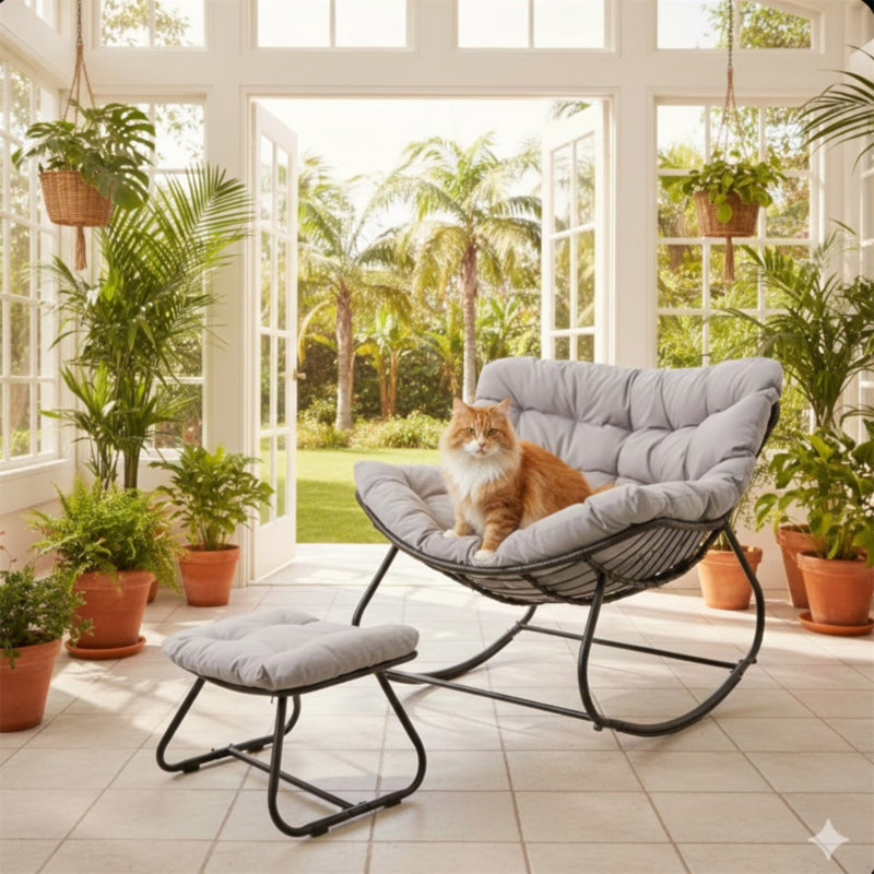 Fauteuil à bascule œuf gris pâle avec repose-pieds, mobilier de jardin en résine tressée résistant aux intempéries et coussins