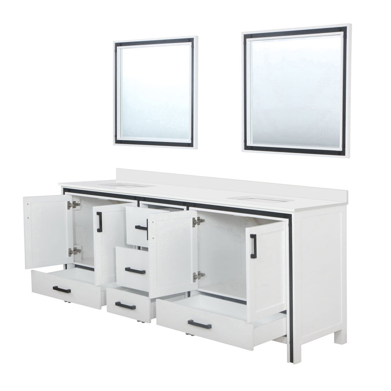 Meuble-lavabo double P 22 po, plateau en marbre de culture et miroirs 30 po, Blanc, H 35,13 po x l 21,38 po x P 85 po