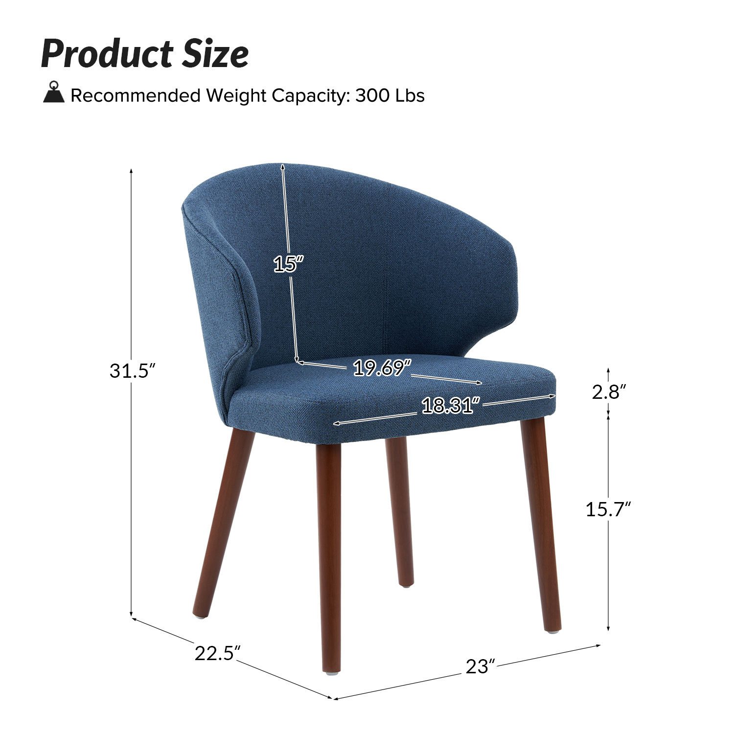 Kanalu Wing Back Side Dining Chair with Solid Wood Legs, Navy Linen