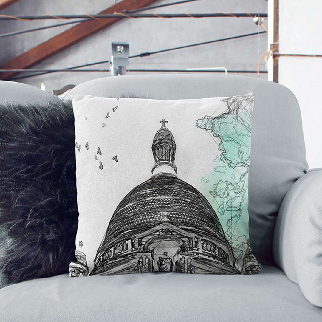 Birds Above Sacre Coeur Paris in Abstract Cushion with Filling
