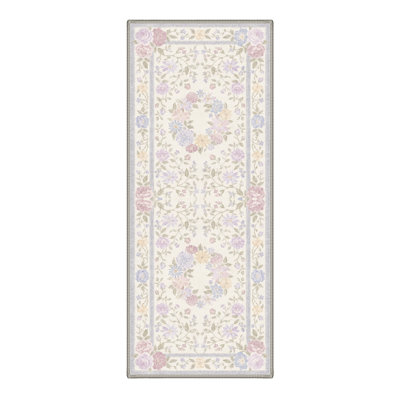 Machine Washable Floral Ivory / Lavender Hallway Runner With Non-Slip Backing