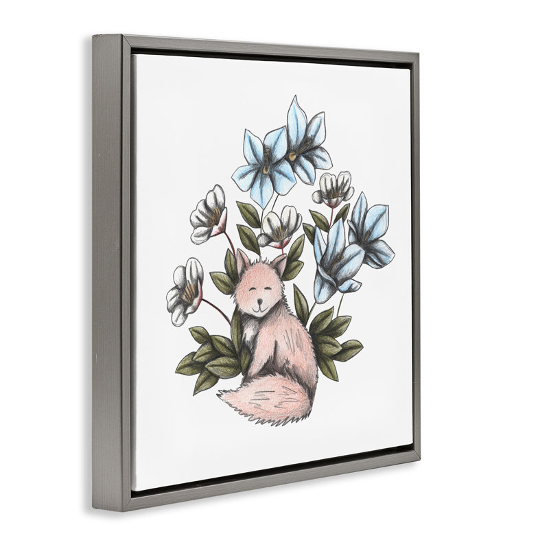 Cadre flottant doux renard avec fleurs, design par Cecilia Battaini, H 25 po x l 25 po, Cadre flottant gris lustré