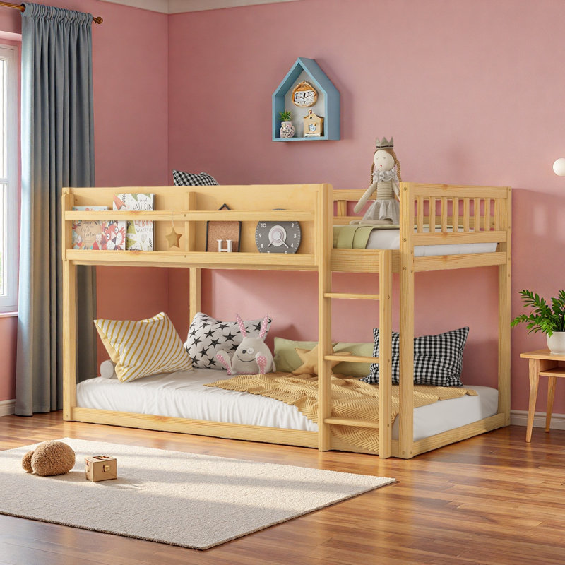 Lit superposé bas simple au-dessus de simple, lit superposé au sol avec échelle, lit superposé simple en bois massif pour enfants et adolescents