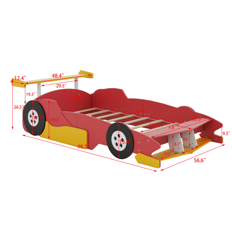 Race Car-Shaped Platform Bed With Wheels, Red
