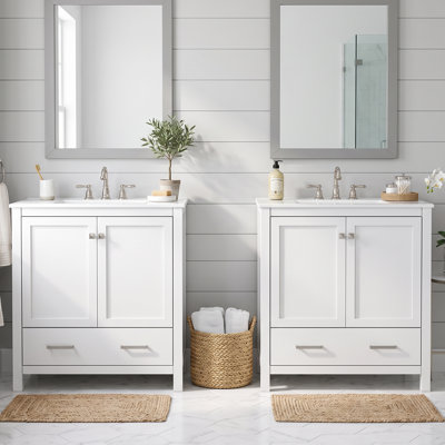 Meuble-lavabo autoportant 18 po en bois massif et panneau de fibres à densité moyenne standard, noir, avec lavabo en céramique, tiroirs à fermeture en douceur, organisateur de porte, tiroir séparateur et patins réglables en plastique, robinet non in