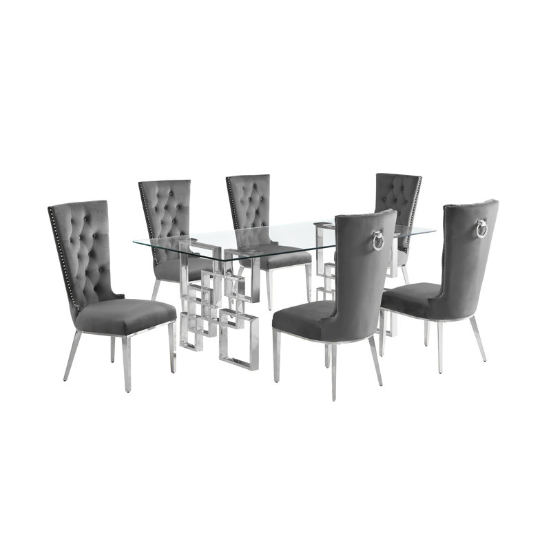 Chaplin Glass Top Double Pedestal Dining Set, 7, Dark Gray/Silver