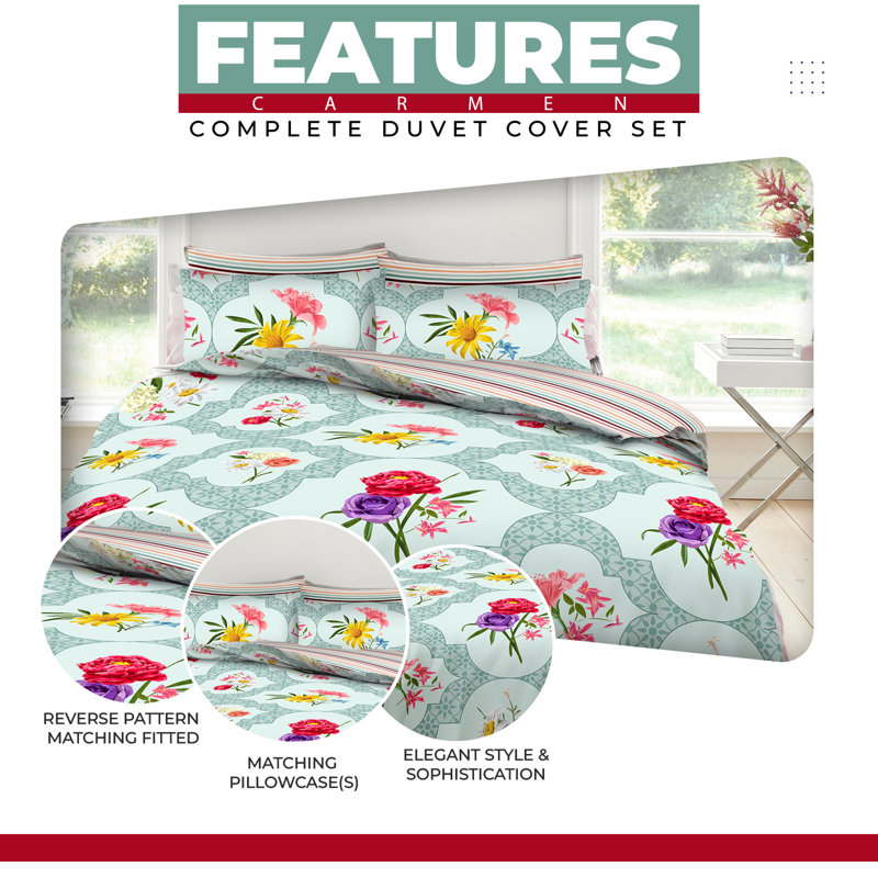 Decorative Floral Polycotton Bedding Set with Duvet Cover Fitted Sheet Pillowcases Soft Bedding Cotton Blend Complete Bedding Set