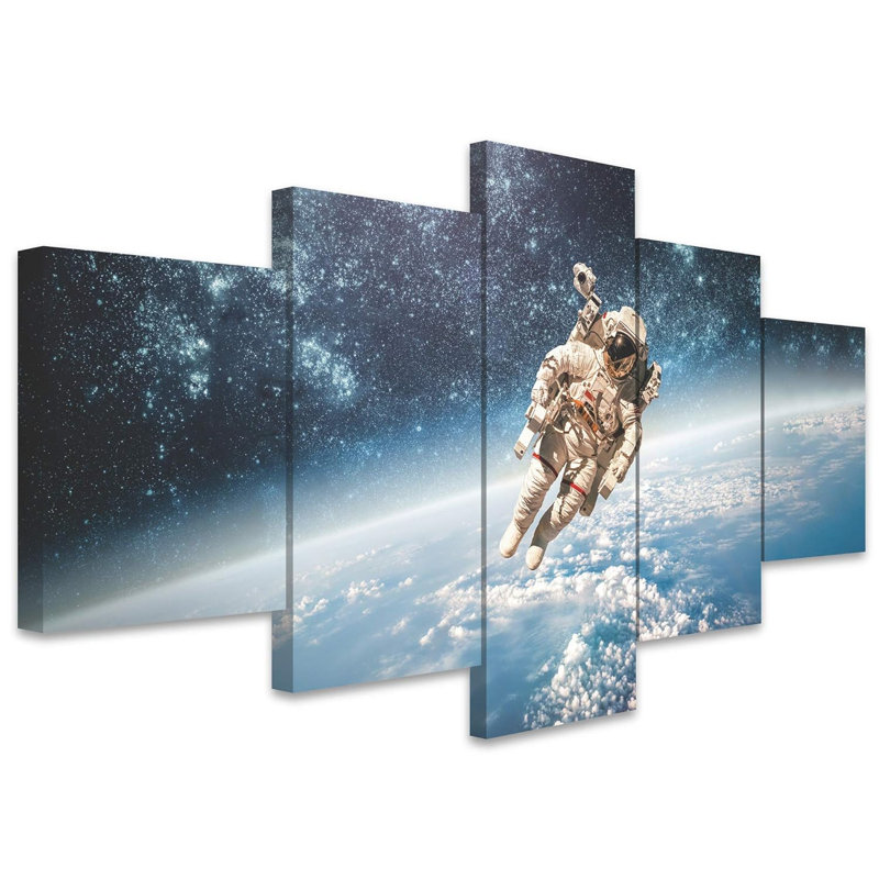 Astronaute flottant dans l'espace au-dessus de la terre, illustrations de plantes abstraites - Ensemble de 5 toiles tendues