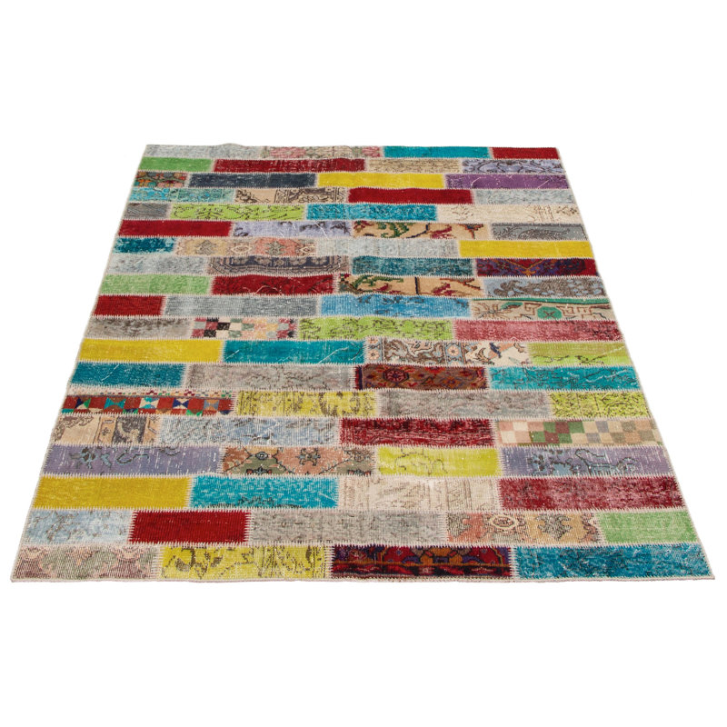 Tapis unique en laine noué à la main style patchwork bleu / gris / jaune années 2010 5 pi 7 po x 7 pi 11 po Quynh