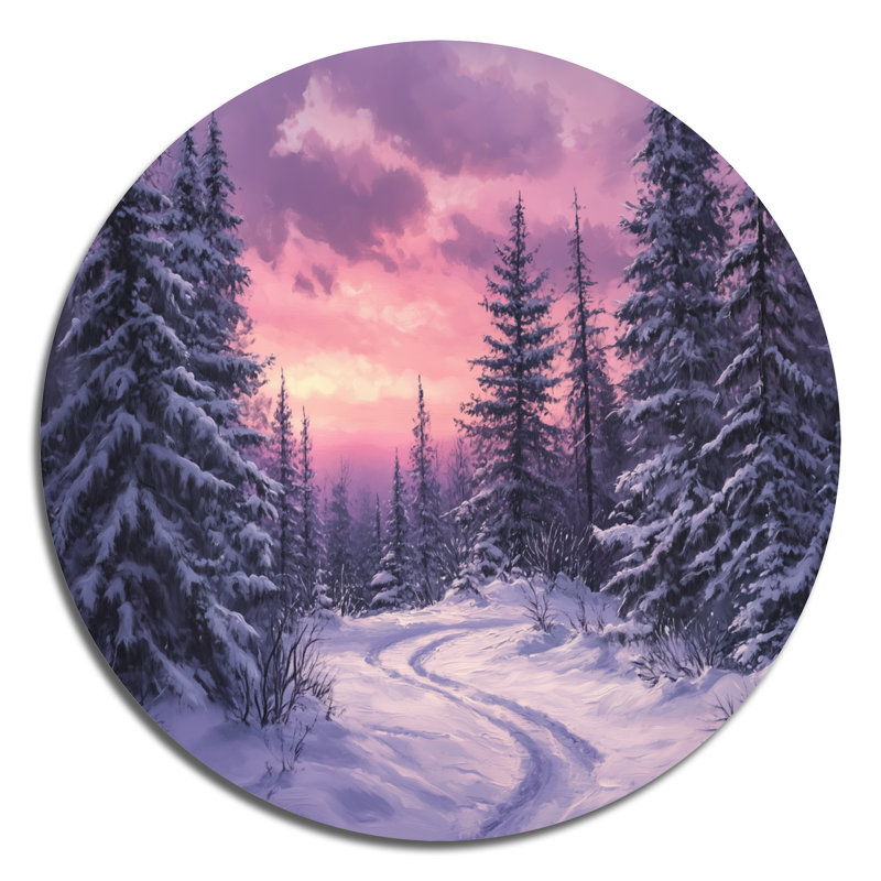 «Snowy Pines At Dusk - Forest Winter», art mural rond en métal, L 16 po x H 16 po
