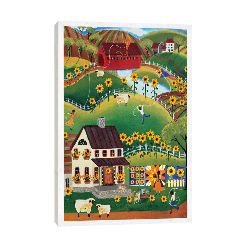 Primitive Quilt Maker House Sunflower by Cheryl Bartley - Print on Canvas, 66.04 cm H x 45.72 cm W, White Framed