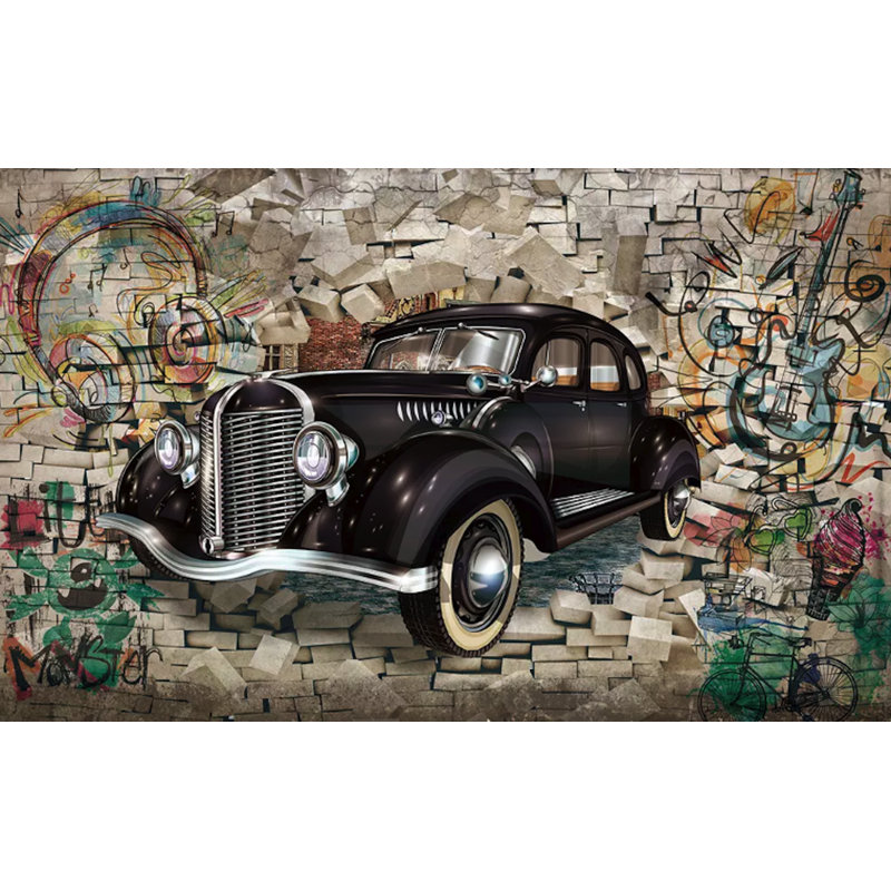 Papier peint amovible 3D rétro voiture classique rétro Graffiti Street, L 114 po x l 204 po