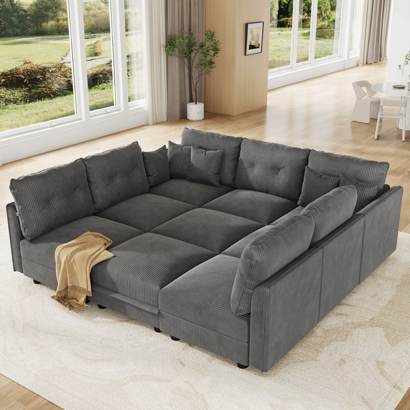 Canapé modulaire convertible 9 places en velours côtelé avec rangement, 7 coussins de dossier et 7 coussins décoratifs