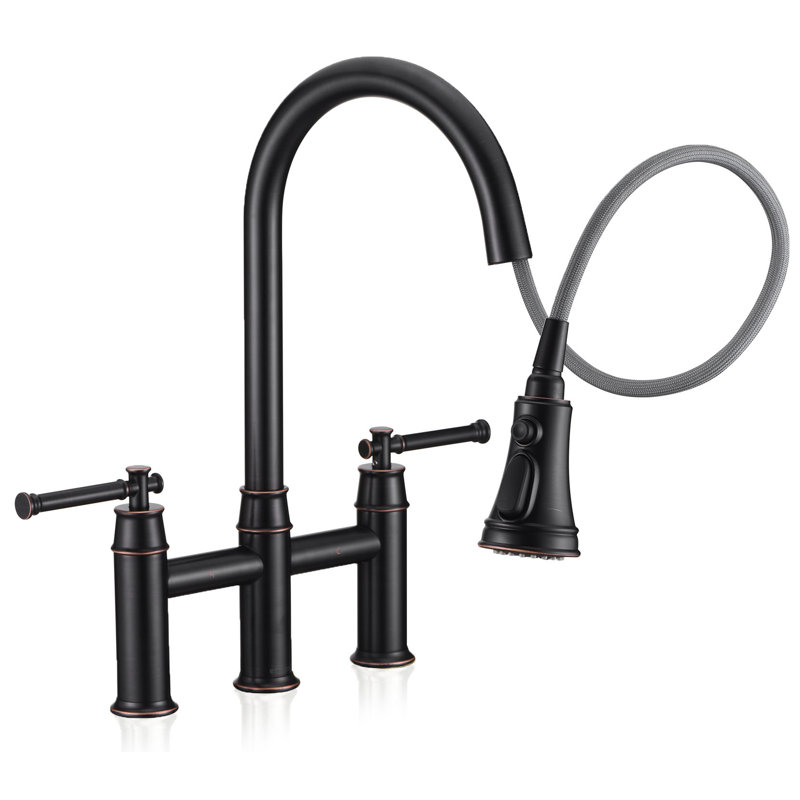 ORLANDO Pull-Down Bridge Kitchen Faucet, Two Handle Kitchen Sink Faucet, Oil Rubbed Bronze