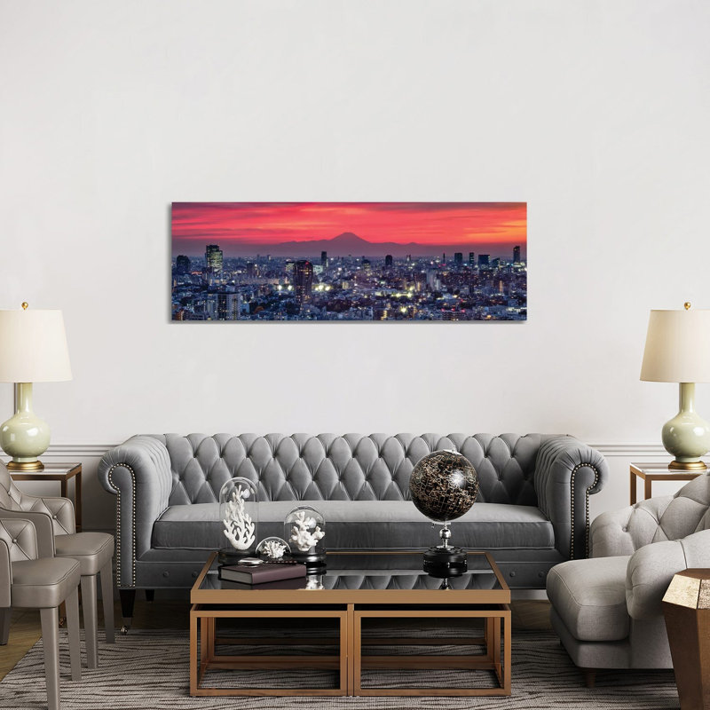 Tokyo Skyline Panorama At Sunset With View Of Mount Fuji by Jan Becke - Wrapped Canvas Panoramic Print