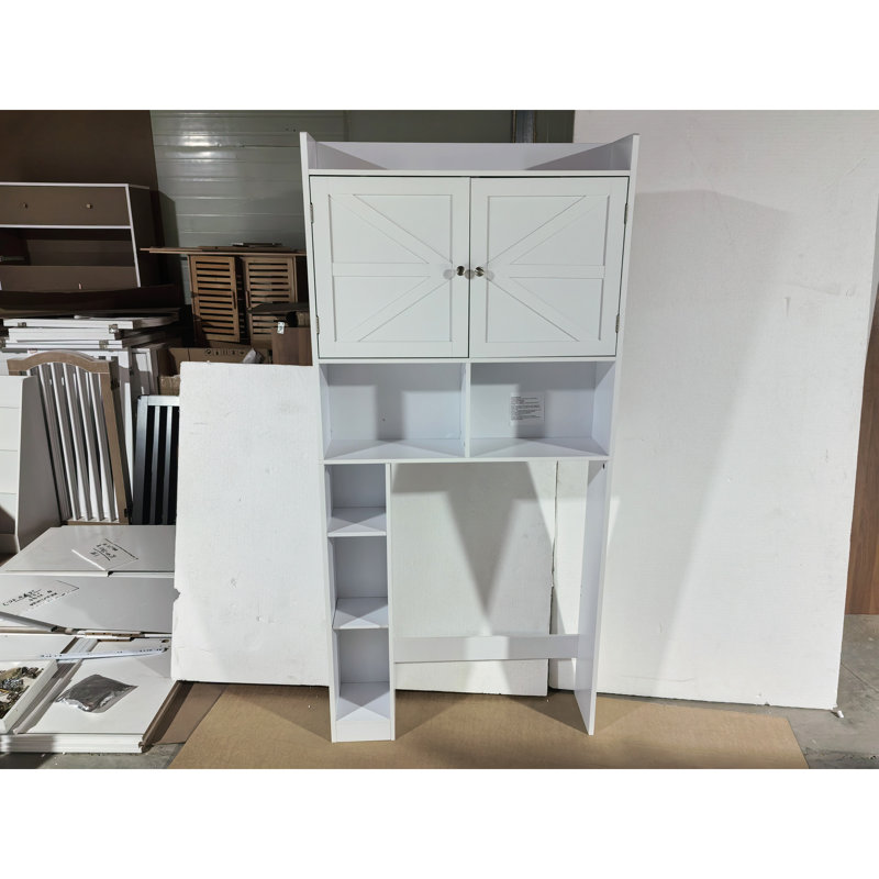 Support de rangement pour toilette autoportant, tablette réglable, portes doubles, tablettes ouvertes, blanc, idéal pour la salle de bain des serviettes et du support à rouleaux de papier avec installation rapide