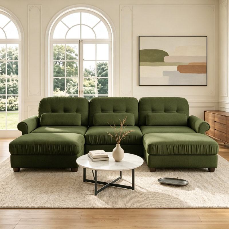 Canapé d'angle modulaire en chenille verte de 250 cm (98 po) en forme de U avec 2 poufs et coussins lombaires, Chenille verte
