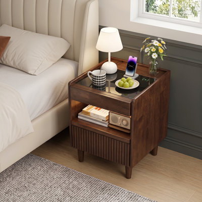 Solid Wood Nightstand with Black Glass Top and Modern Profile