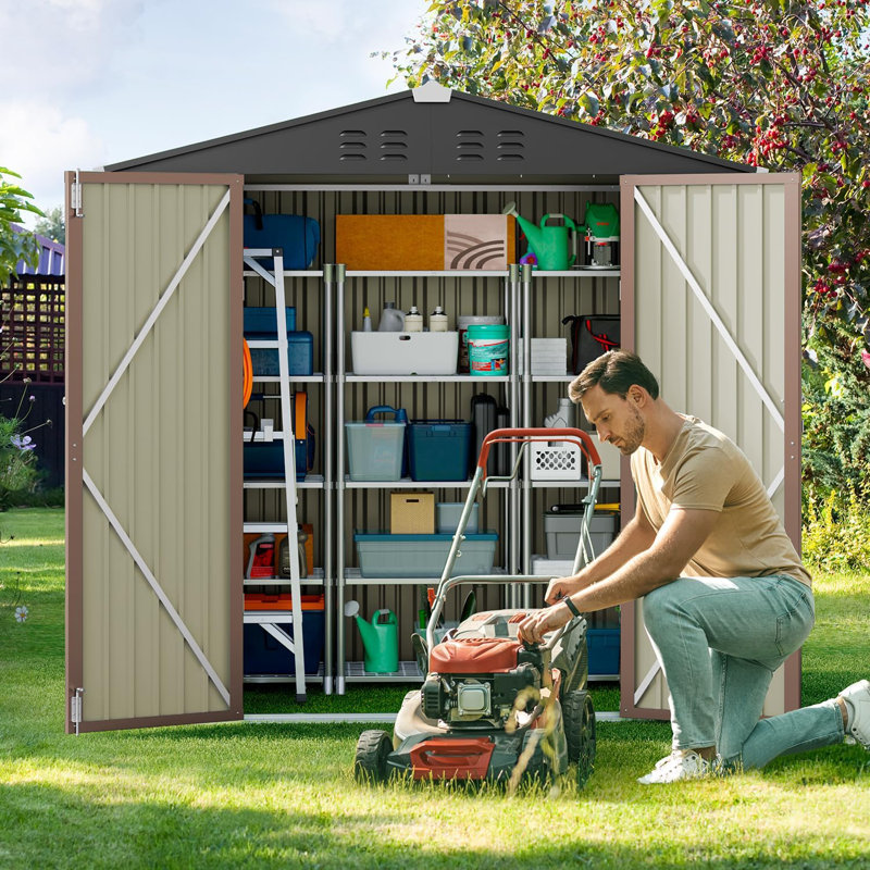 Lockable 6' wide x 4' deep metal storage shed, heavy-duty, large capacity, rust-resistant and waterproof, suitable for outdoor storage, brown