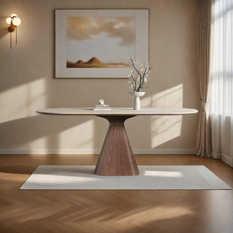 Sintered Stone Dining Table with Solid Ash Wood, 29.5"H x 55.1"L x 31.4"W