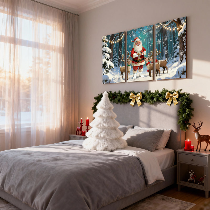 Père Noël de Noël avec renne dans la forêt enneigée, ensemble de 3 impressions sur toile, H 24 po x l 48 po