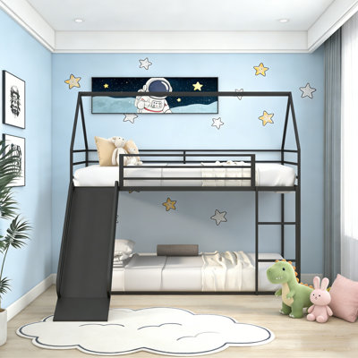Twin Over Twin Metal Frame Kids Bunk Bed With Slide & Ladder