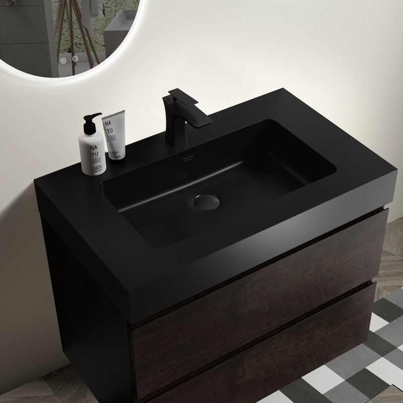 Lavabo intégré moderne en quartz noir mat avec trop-plein pour salle de bain d'ingénierie mat, 30"