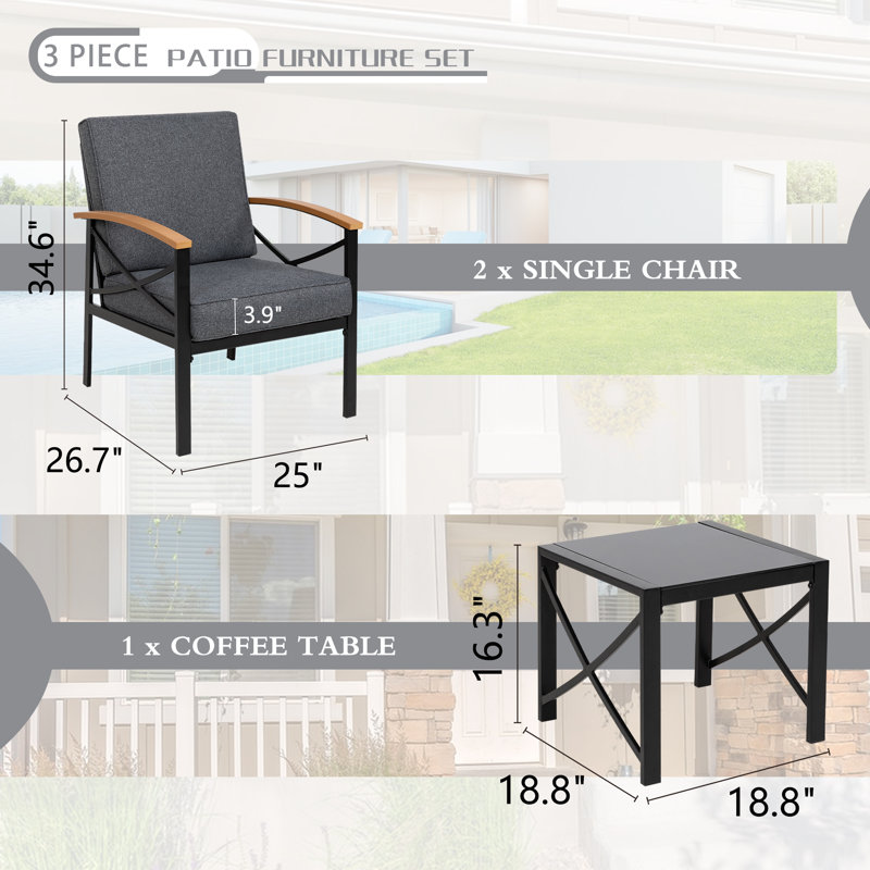Ensemble de mobilier d'extérieur en métal 3 pièces avec table basse, ensemble de salon d'extérieur en métal pour patio, cour arrière, balcon