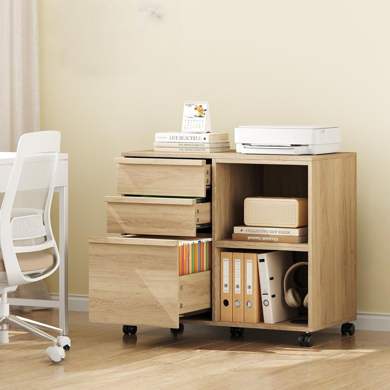 Classeur à 3 tiroirs avec tablettes de rangement ouvertes, classeur latéral à roulettes pour dossiers de format lettre / A4, support d'imprimante mobile avec roulettes, armoire de rangement en bois pour le bureau personnel