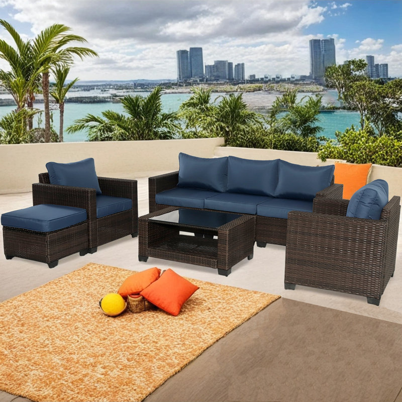 Canapé modulaire d'extérieur en osier avec coussins Vionette, Bleu, Brun foncé