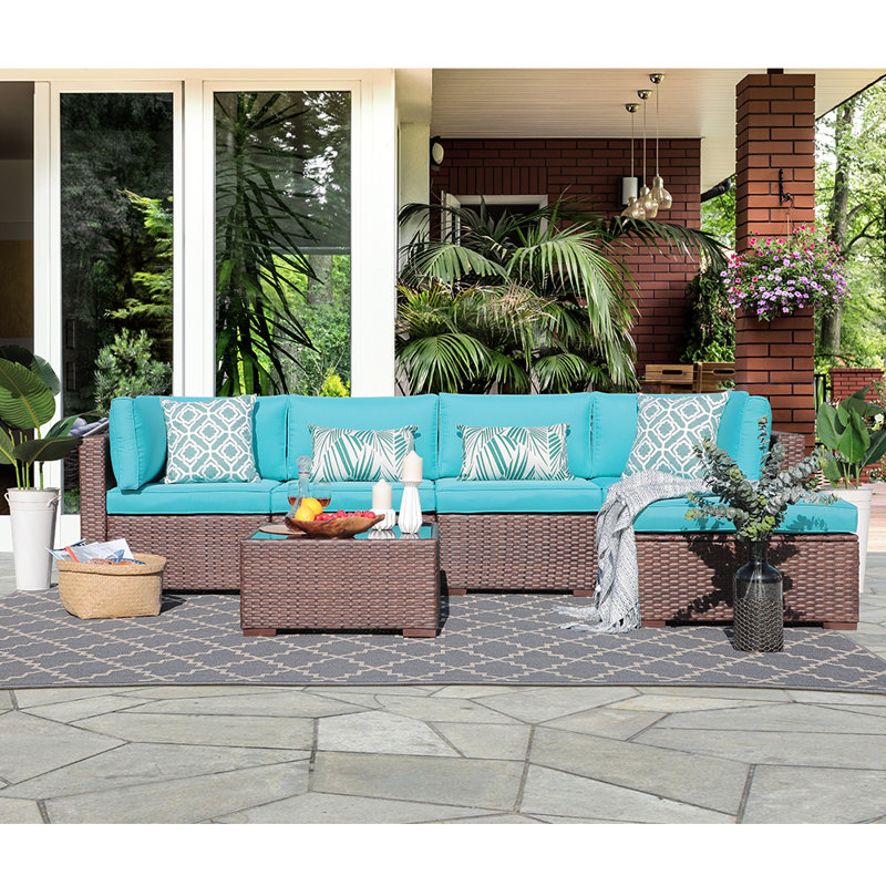 Eudy Wicker 4 - Person Modular Patio Conversation Set with Cushions, Brown/Blue