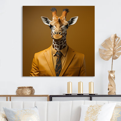 Yellow And Brown Suited Up Fashion Giraffe  - Giraffe Animal Metal Wall Art