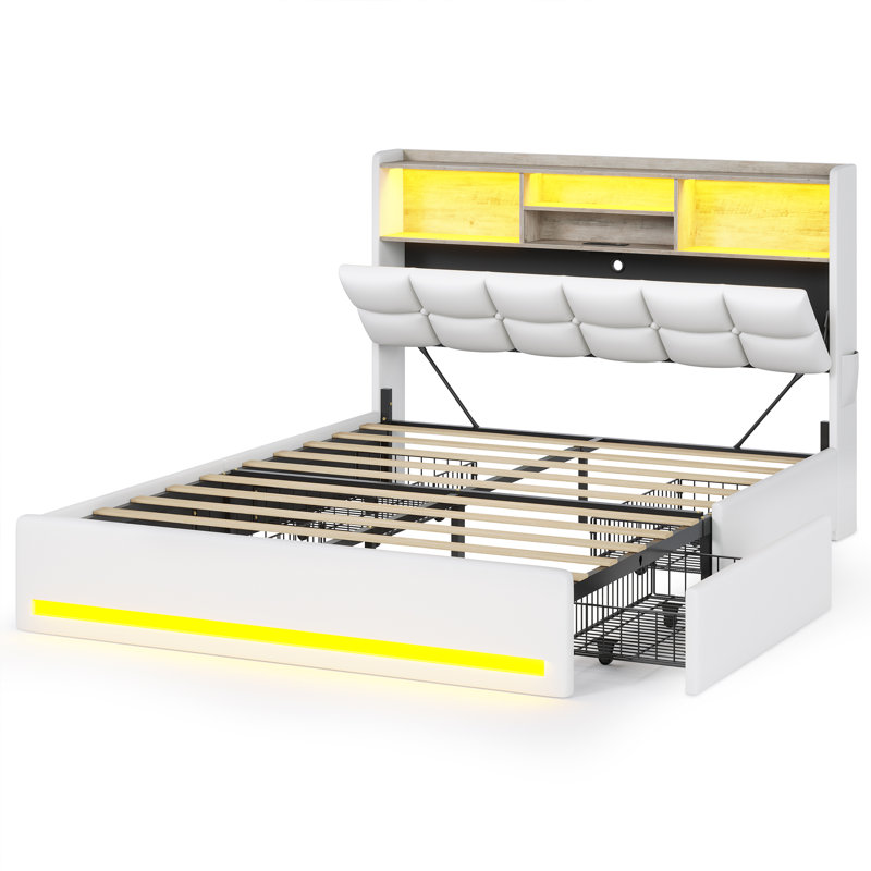 LED Upholstered Platform Storage Bed with Charging Station, White, Queen