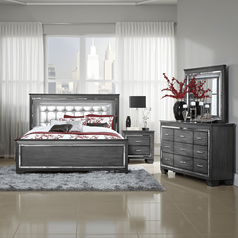 Alen 4 Pc Queen Size Bedroom Set, Button Tufting, Mirror Trim, Gray