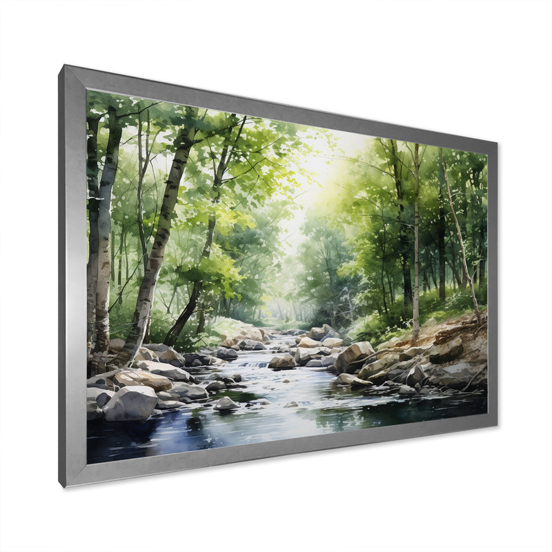Rivière, forêt, trésor caché, paysage II, Cadre simple argenté, H 34 po x l 44 po x P 1,5 po