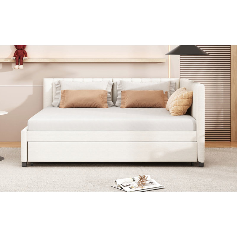 Full Daybed With Trundle In Beige Linen, Comfortable And Relaxing Linen Functional Trundle, No Box Spring, Stable Frame, Space Saving For Apartments