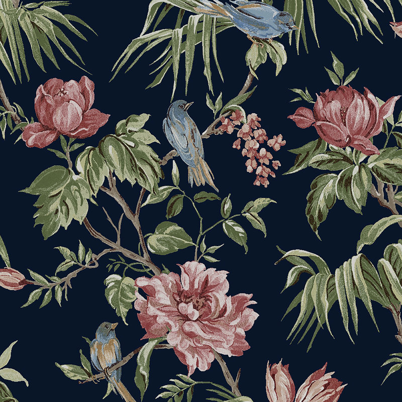 Floral Wallpaper Double Roll, Navy Blue