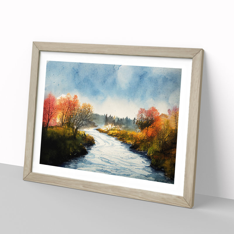 An Autumn Forest River - Single Picture Frame Painting, 46cm H x 64cm W x 2cm D, Oak
