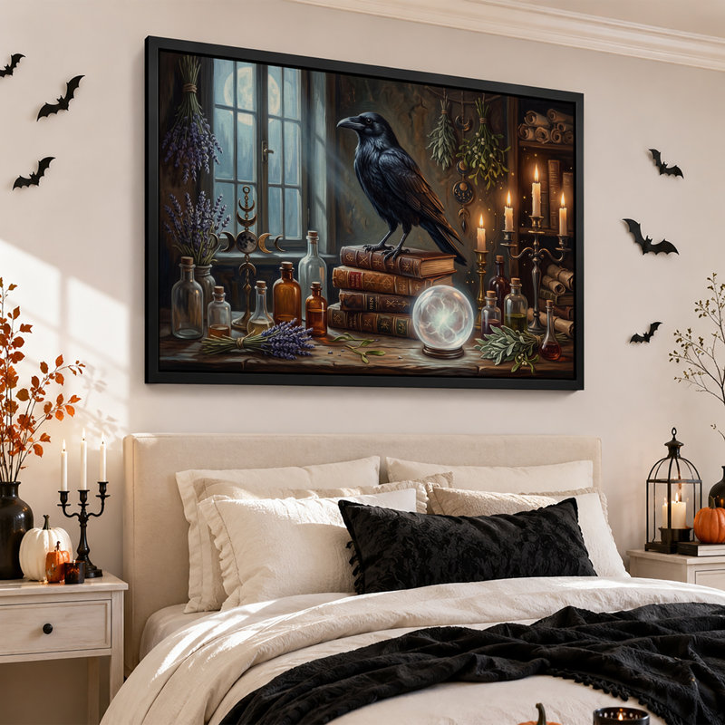 Toile noire d'Halloween sur toile avec boule de cristal rougeoyante, H 12 po x l 18 po