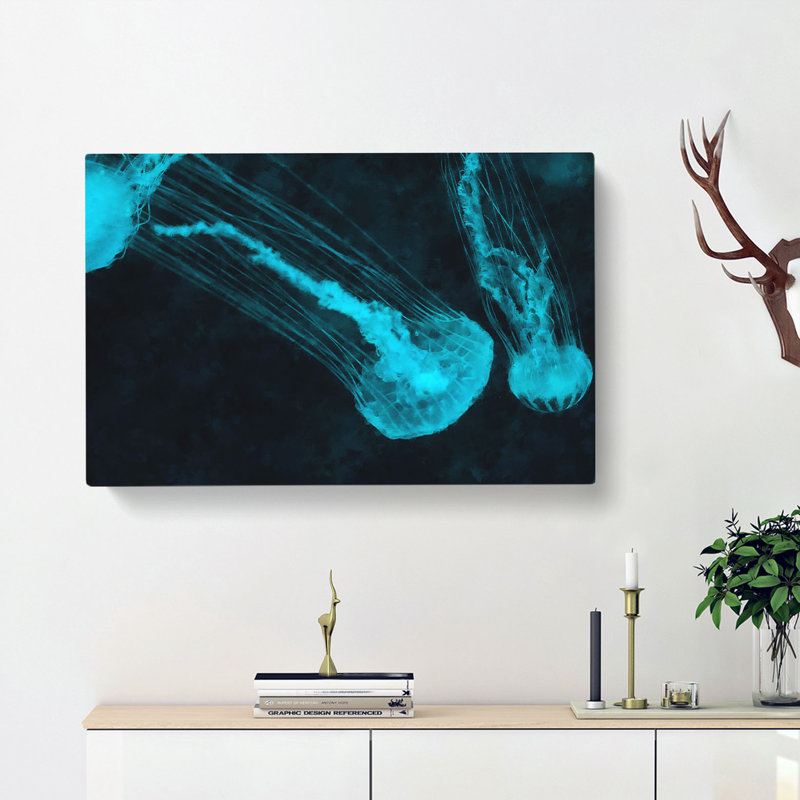 Neon Blue Jellyfish - Wrapped Canvas Painting Print, 40cm H x 60cm W x 3cm D