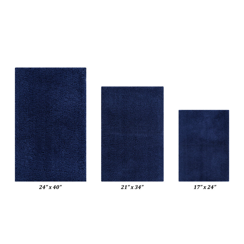 Loida Collection 100% Polyester Machine Washable 3 Piece Plush Bathroom Rug Set, Navy