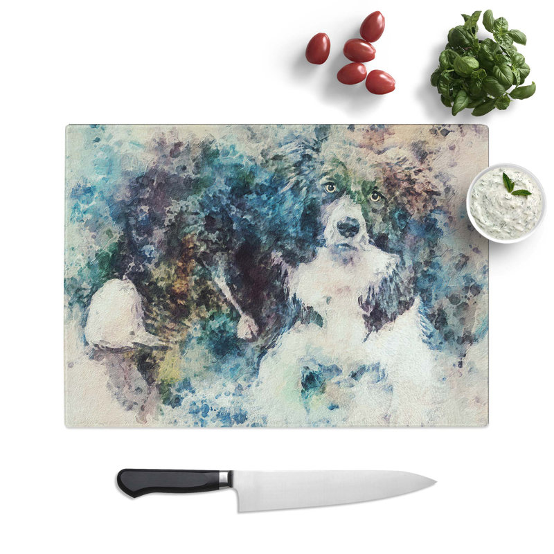 Tempered Glass Resting Border Collie Dog Chopping Board, 39 cm W x 28.5 cm L