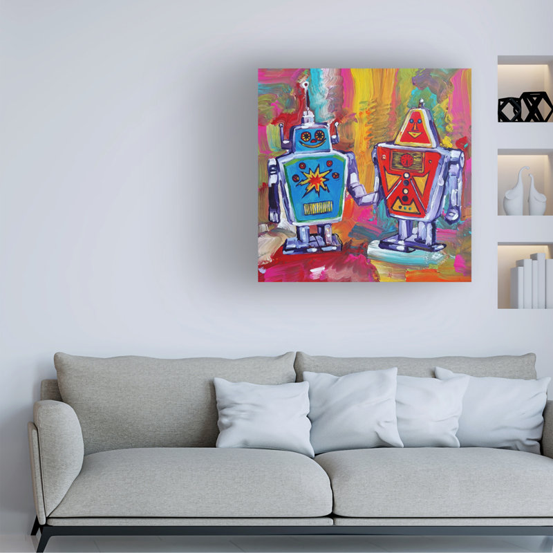 Art mural sur toile tendue - «Robots Duo» vert Howie pour décor de salon, de chambre à coucher ou de bureau - 14 x 14