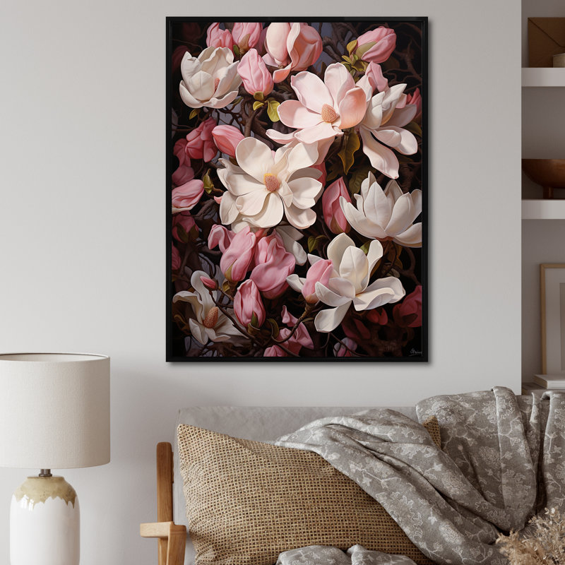 Rose, blanc, magnolia et magnolia - Étreinte, H 32 po x l 24 po x P 1 po, Cadre flottant noir